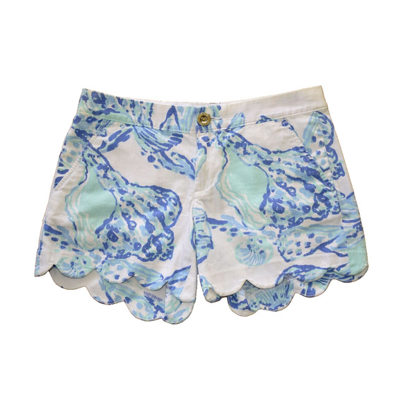 A2 Auth LILLY PULITZER Blue & White Cotton Scallop Trim Buttercup Shorts Size 00 - Picture 1 of 4